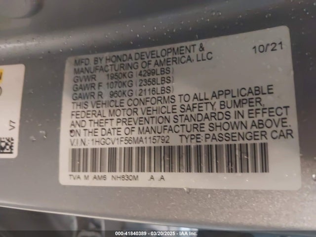 1HGCV1F56MA115792 Honda Accord Ex-l