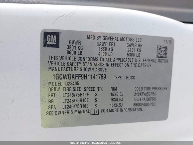 1GCWGAFF9H1141789 Chevrolet Express 2500 Work Van