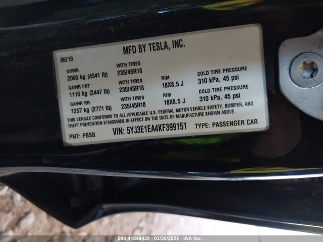 5YJ3E1EA4KF399151 Tesla Model 3 Long Range/mid Range/standard Range/standard Range Plus