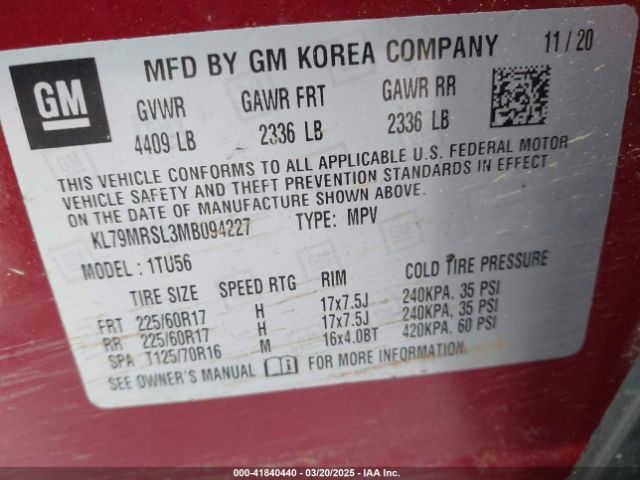 KL79MRSL3MB094227 Chevrolet Trailblazer Awd Lt