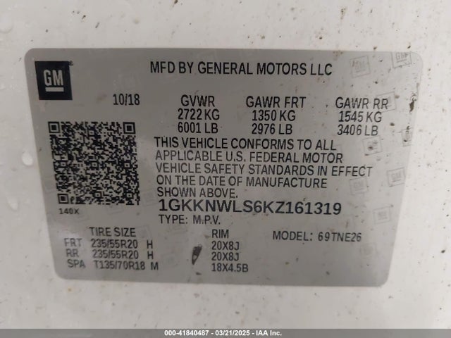 1GKKNWLS6KZ161319 GMC lgx - direct injection, variable valve timing, alum, gen 2