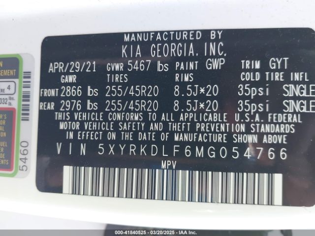 5XYRKDLF6MG054766 KIA SORENTO SX