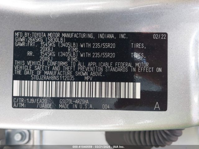 5TDJZRAH8NS112035 Toyota Highlander Xse