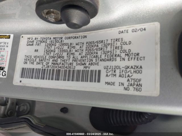 2004 LEXUS GX 470 JTJBT20X340042612 Photo 8