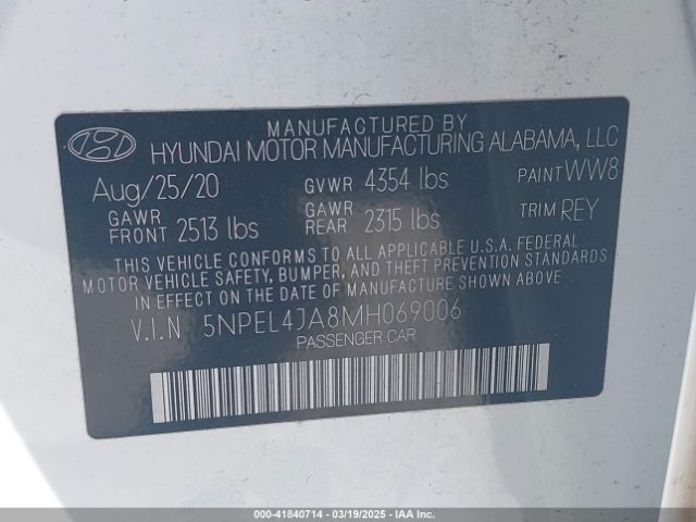 5NPEL4JA8MH069006 Hyundai SONATA SEL