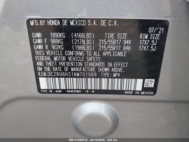3CZRU6H31NM701089 Honda Hr-v Awd Lx