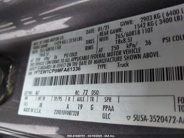 Ford 4v 2021 1FTEW1CP9MFA61336 Image 9