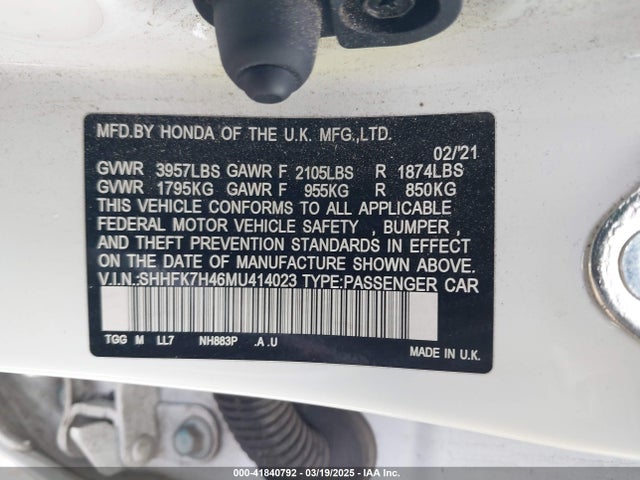 SHHFK7H46MU414023 Honda Civic Sport