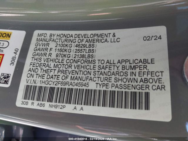 1HGCY2F69RA045945 Honda Accord Hybrid Ex-l