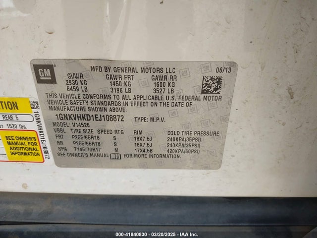 1GNKVHKD1EJ108872 Chevrolet Traverse 2lt