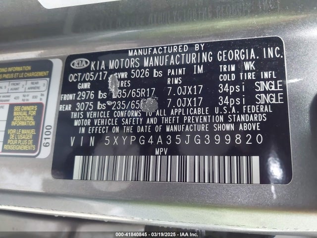5XYPG4A35JG399820 KIA Sorento 2.4l Lx