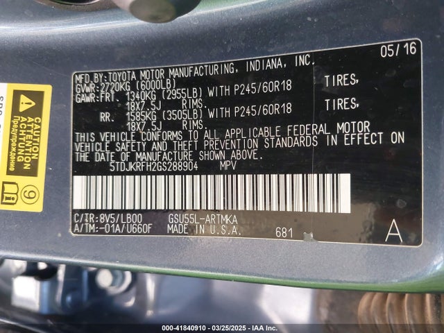 Toyota Highlander Xle V6 2016 5TDJKRFH2GS288904 Image 9