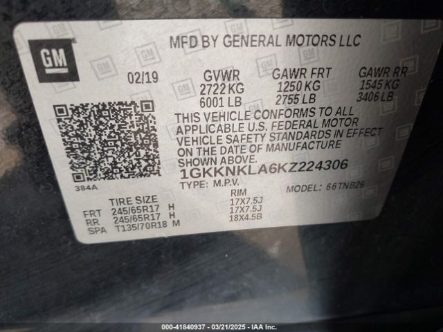 1GKKNKLA6KZ224306 GMC Acadia Sle-1