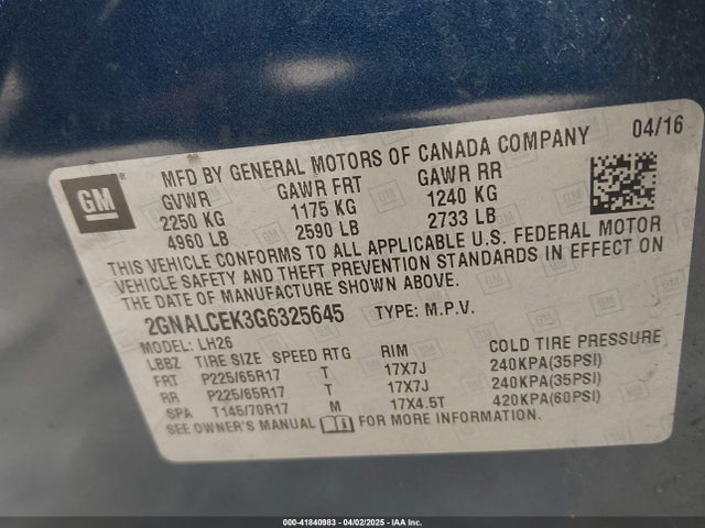 2GNALCEK3G6325645 Chevrolet EQUINOX LT