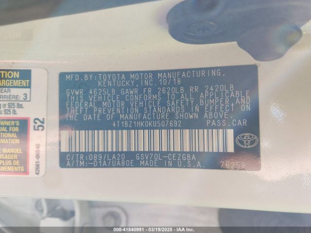 4T1BZ1HK0KU507692 Toyota Camry Xle V6