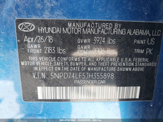 5NPD74LF5JH355898 Hyundai ELANTRA SE