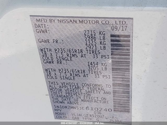 5N1DR2MN5JC610240 Nissan Pathfinder Sl