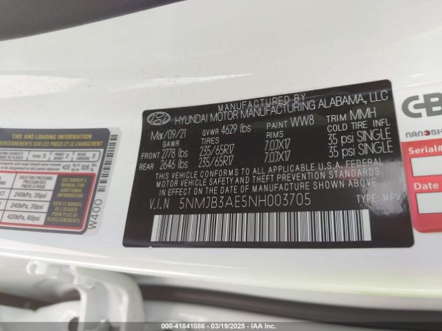 5NMJB3AE5NH003705 Hyundai TUCSON SEL