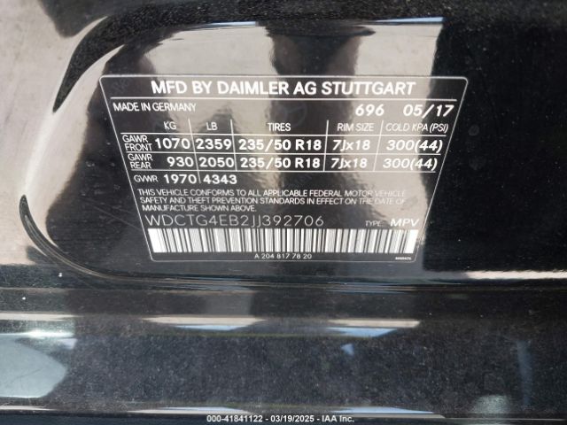 WDCTG4EB2JJ392706 Mercedes-Benz GLA 250
