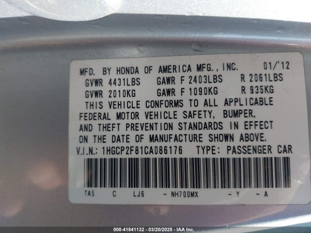 Продаж на аукціоні авто 2012 Honda Accord 2.4 Ex-l, vin: 1HGCP2F81CA086176, номер лоту: 41841132