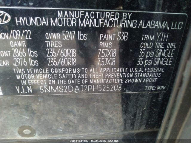 5NMS2DAJ2PH525203 Hyundai Santa Fe Sel