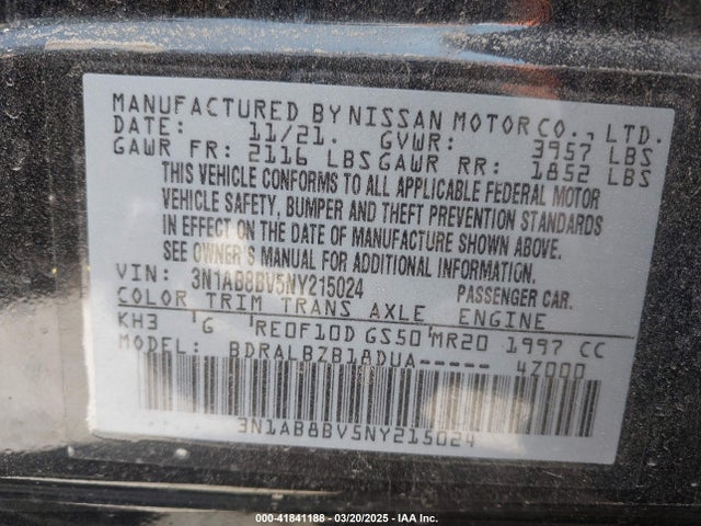 3N1AB8BV5NY215024 Nissan Sentra S Xtronic Cvt