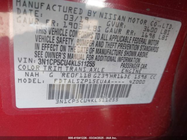 3N1CP5CU4KL511255 Nissan KICKS SV