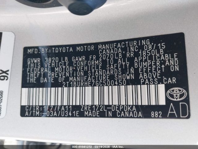 2T1BURHE7GC500450 Toyota COROLLA L