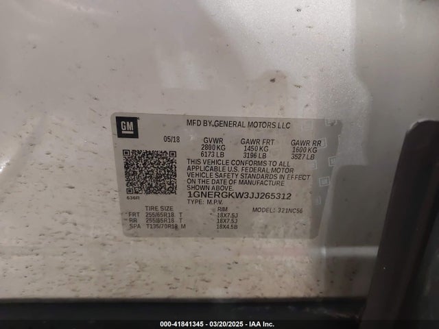 1GNERGKW3JJ265312 Chevrolet Traverse 1lt