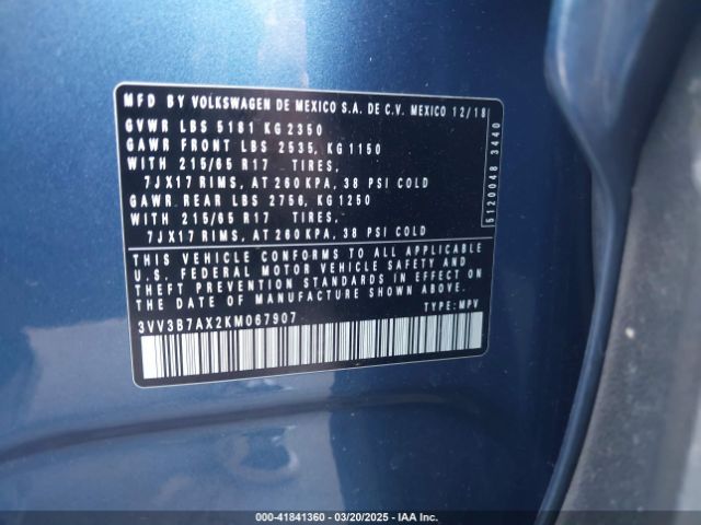 3VV3B7AX2KM067907 Volkswagen Tiguan 2.0t Se/2.0t Sel/2.0t Sel R-line/2.0t Sel R-line Black