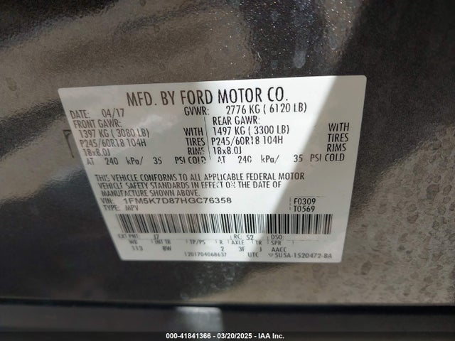 1FM5K7D87HGC76358 Ford EXPLORER XLT