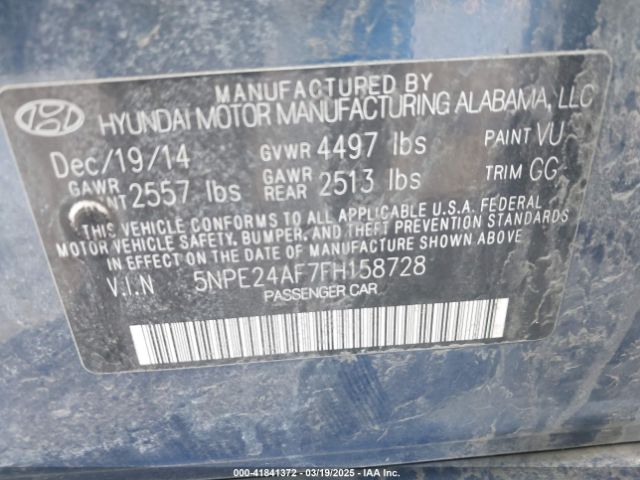 5NPE24AF7FH158728 Hyundai SONATA SE