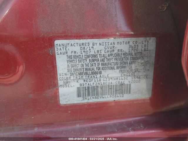 3N1CN8EV6LL808610 Nissan Versa Sv Xtronic Cvt