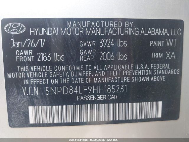 5NPD84LF9HH185231 Hyundai Elantra Value Edition