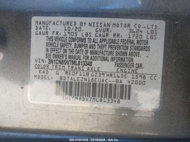 3N1CN8DV7ML813348 Nissan Versa S Xtronic Cvt