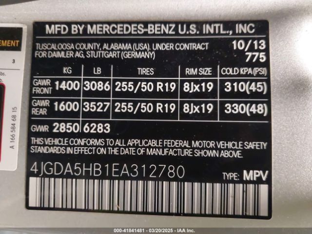 4JGDA5HB1EA312780 Mercedes-Benz Ml 350 4matic