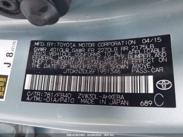 JTDKN3DU6F1951346 Toyota Prius Three