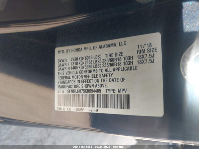 5FNRL6H75KB054465 Honda Odyssey Ex-l