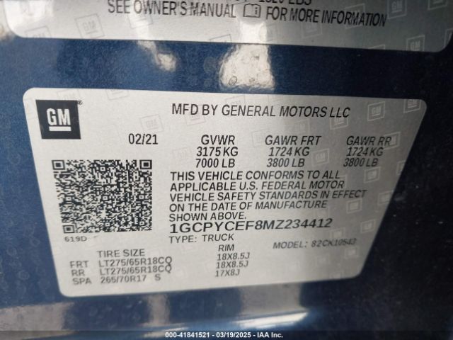 1GCPYCEF8MZ234412 Chevrolet Silverado 1500 4wd  Short Bed Custom Trail Boss