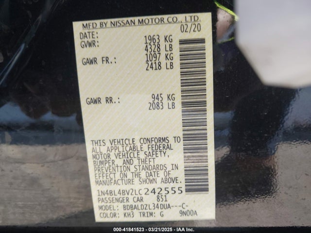 Nissan Altima S Fwd 2020 1N4BL4BV2LC242555 Image 9