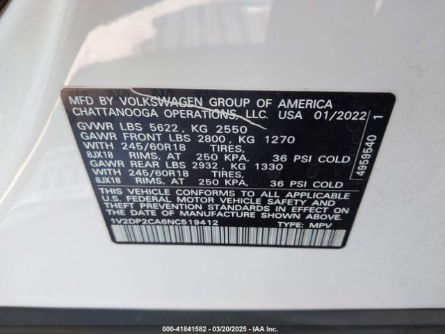 1V2DP2CA6NC519412 Volkswagen Atlas 2.0t Se