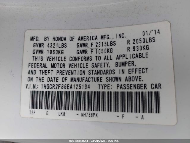 1HGCR2F86EA125194 Honda Accord Ex-l