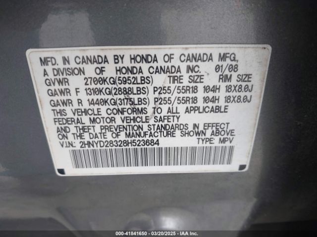 2008 ACURA MDX 2HNYD28328H523684 Photo 8