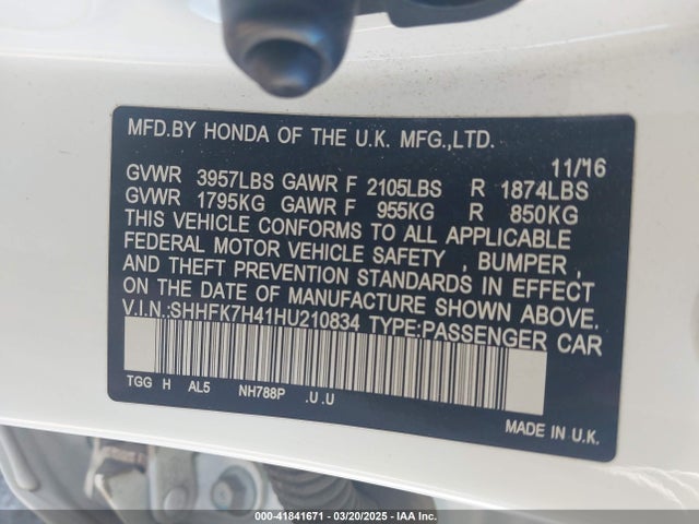 SHHFK7H41HU210834 Honda Civic Sport