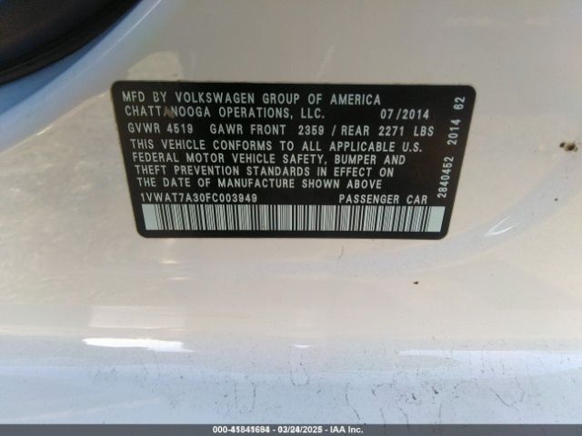 1VWAT7A30FC003949 Volkswagen Passat 1.8t Wolfsburg Edition