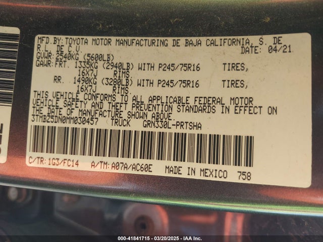 3TMBZ5DN0MM030457 Toyota Tacoma Sr5 V6