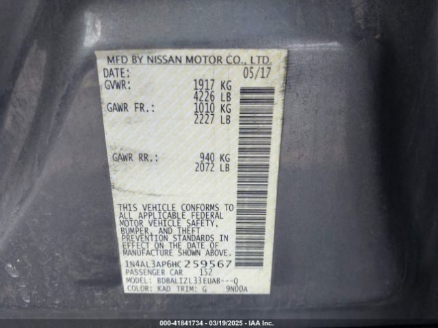 1N4AL3AP6HC259567 Nissan Altima 2.5 Sv