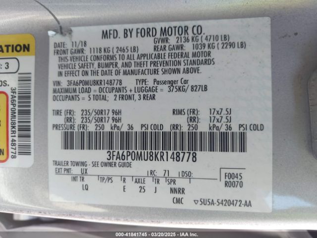 3FA6P0MU8KR148778 Ford Fusion Hybrid Sel