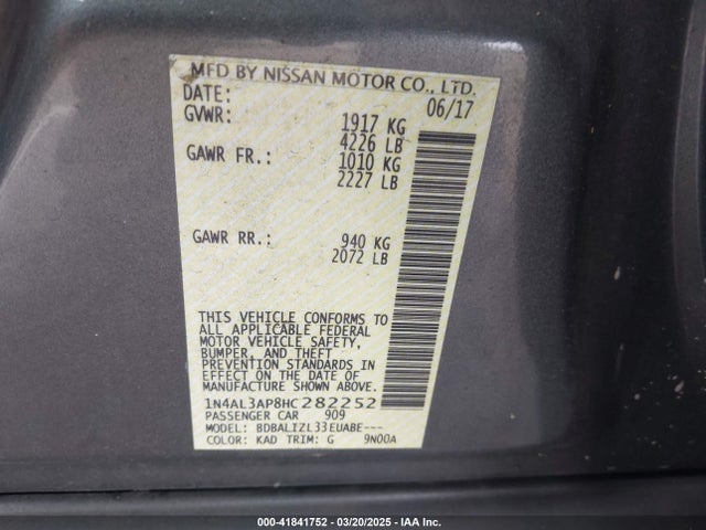 1N4AL3AP8HC282252 Nissan Altima 2.5 Sv