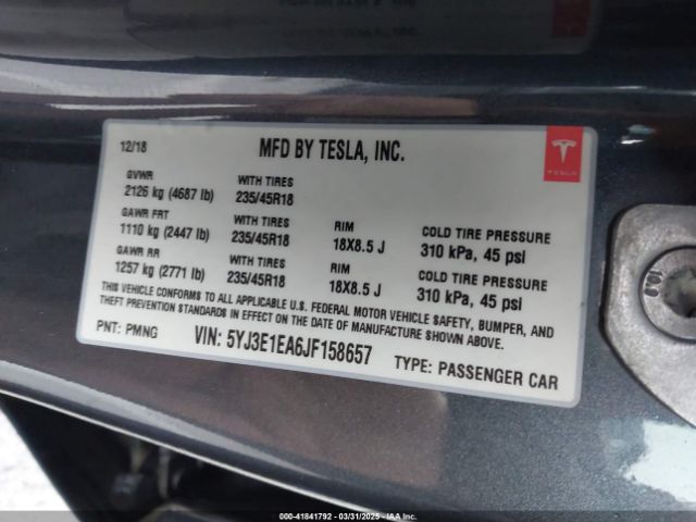 5YJ3E1EA6JF158657 Tesla Model 3 Long Range/mid Range